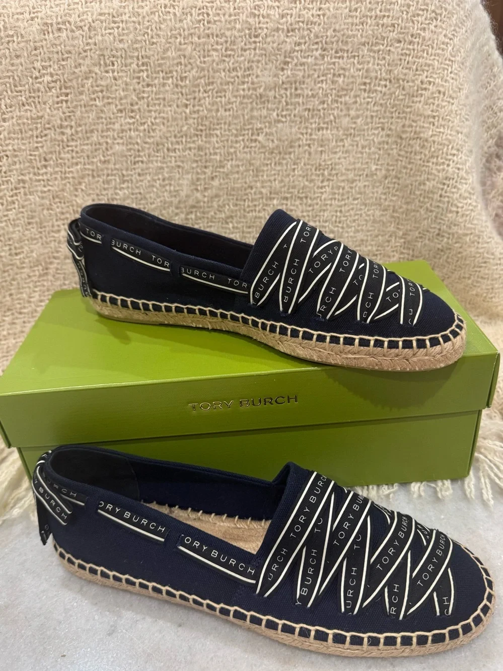 Tory Burch Ribbon Espadrille Flats Navy NIB Size 9.5 M